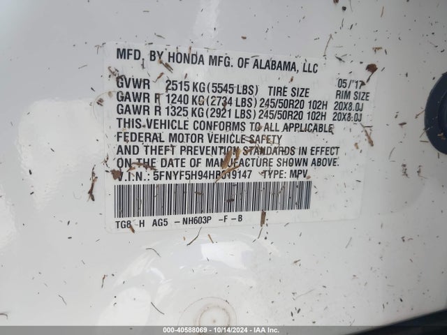Honda Pilot Touring 2017 5FNYF5H94HB019147 Image 9