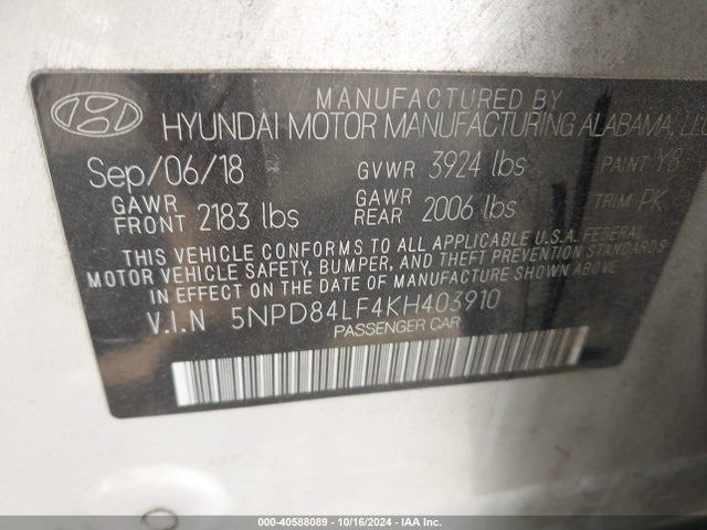 Hyundai ELANTRA SEL 2019 5NPD84LF4KH403910 Image 9