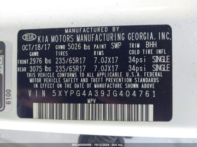 5XYPG4A39JG404761 KIA Sorento 2.4l Lx
