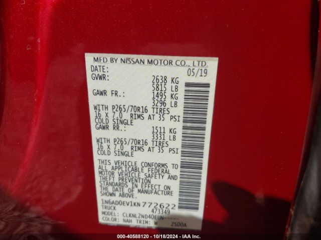 1N6AD0EV1KN772622 Nissan Frontier Sv