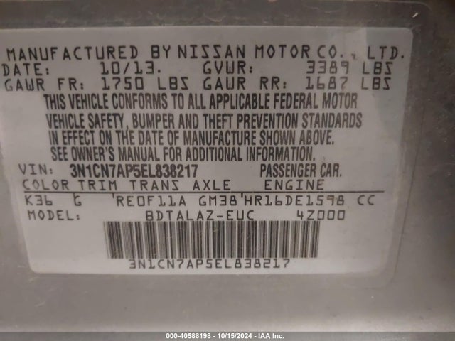 Nissan Versa 1.6 S+ 2014 3N1CN7AP5EL838217 Image 9