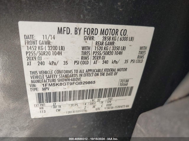 Ford EXPLORER SPORT 2015 1FM5K8GT9FGB29865 Image 9