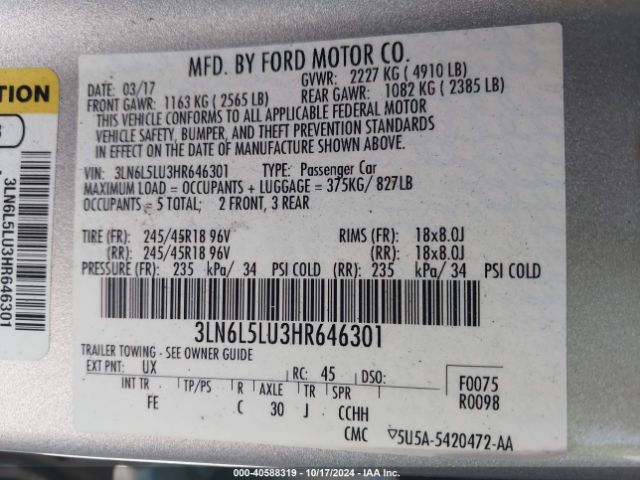 3LN6L5LU3HR646301 Lincoln Mkz Hybrid Select