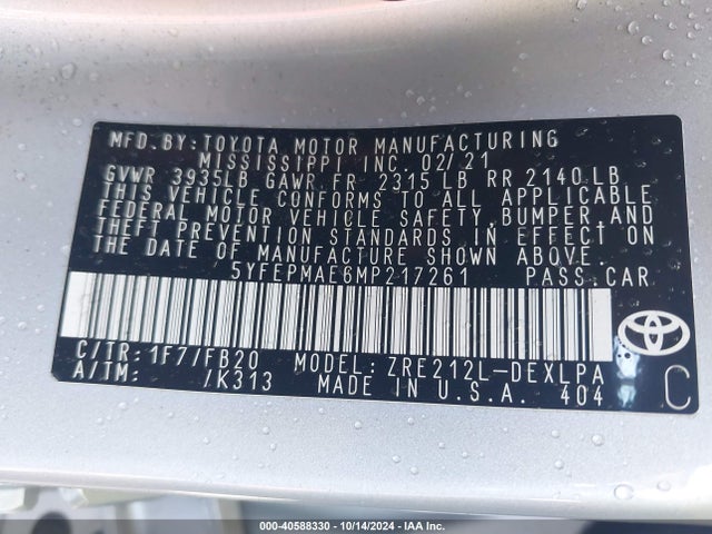Toyota COROLLA LE 2021 5YFEPMAE6MP217261 Image 9