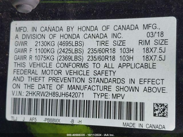 2HKRW2H89JH642071 Honda Cr-v Ex-l/ex-l Navi