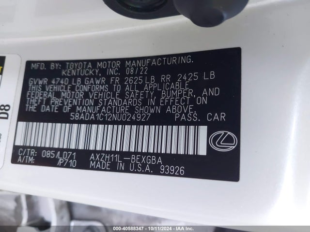Lexus ES 300H 2022 58ADA1C12NU024927 Image 9