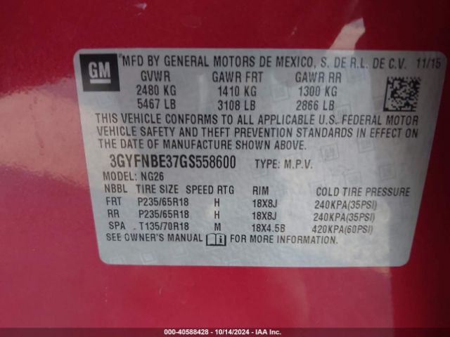 3GYFNBE37GS558600 Cadillac Srx Luxury Collection