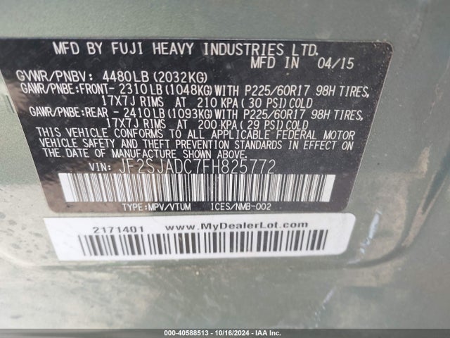 Subaru Forester 2.5i Premium 2015 JF2SJADC7FH825772 Image 9