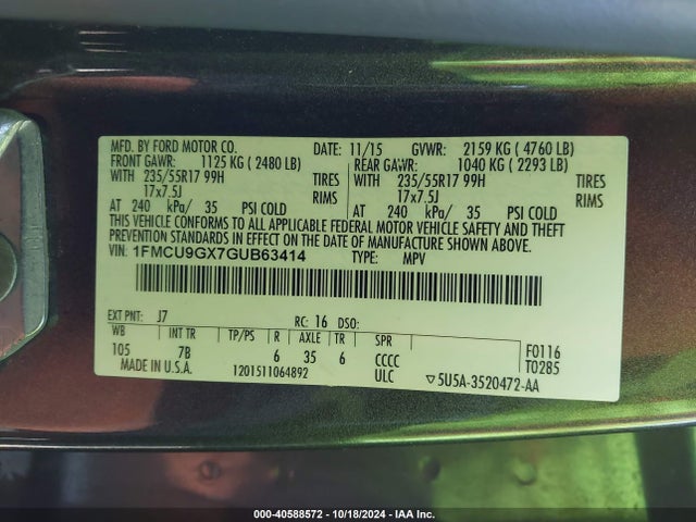 Ford ESCAPE SE 2016 1FMCU9GX7GUB63414 Image 9