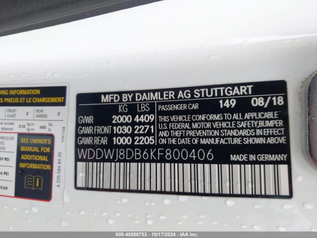 WDDWJ8DB6KF800406 Mercedes-Benz C 300
