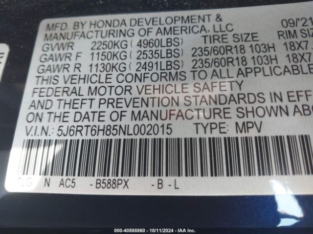 5J6RT6H85NL002015 Honda Cr-v Hybrid Ex-l