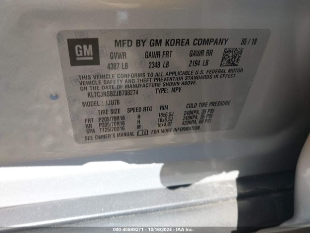 KL7CJNSB2JB708274 Chevrolet TRAX LS