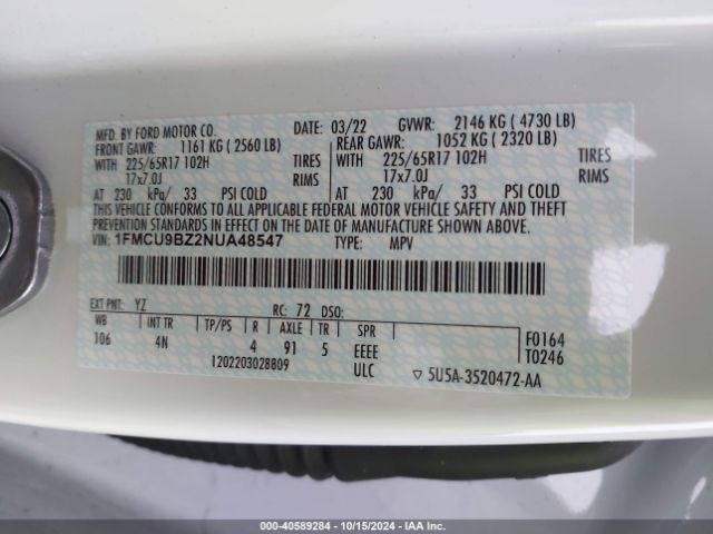 1FMCU9BZ2NUA48547 Ford Escape Se Hybrid