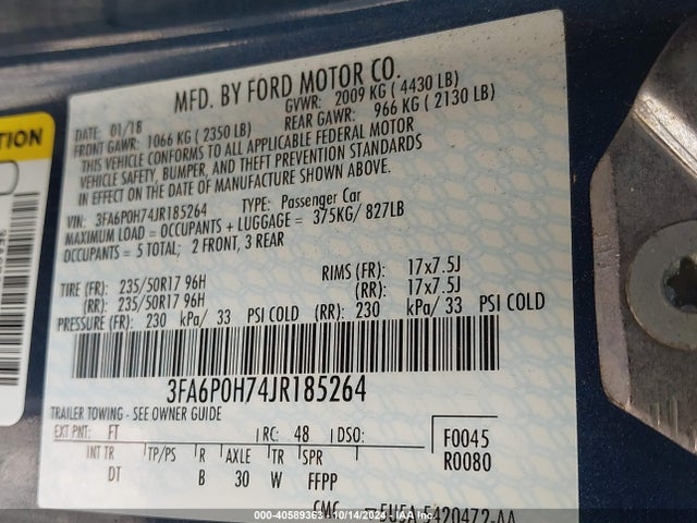 Ford FUSION SE 2018 3FA6P0H74JR185264 Image 9