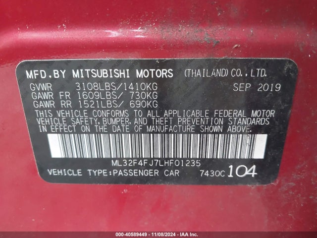 ML32F4FJ7LHF01235 Mitsubishi Mirage G4 Le/se