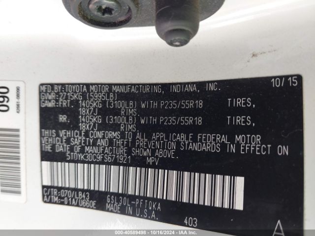 5TDYK3DC9FS671921 Toyota Sienna Limited Premium 7 Passenger