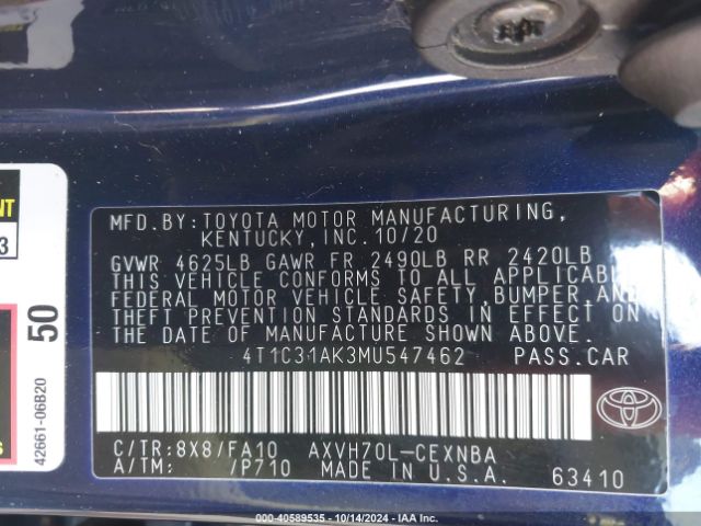 4T1C31AK3MU547462 Toyota Camry Le Hybrid