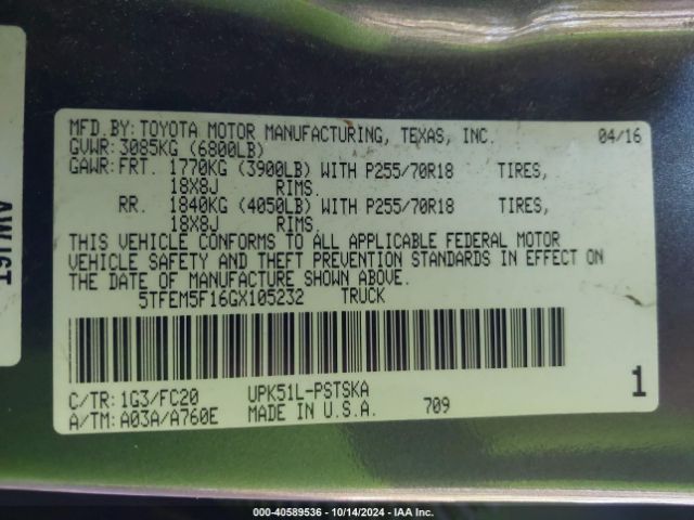 5TFEM5F16GX105232 Toyota Tundra Sr5 4.6l V8