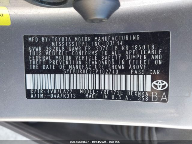 5YFBURHE2EP102740 Toyota Corolla Le Premium