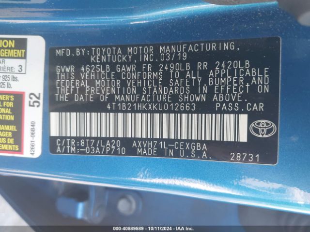 4T1B21HKXKU012663 Toyota Camry Hybrid Xle