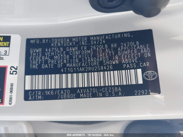 Toyota CAMRY SE 2024 4T1G11AK2RU258426 Image 9