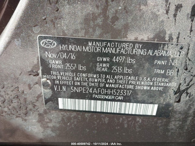 Продаж на аукціоні авто 2017 Hyundai Sonata Se, vin: 5NPE24AF0HH523317, номер лоту: 40589742