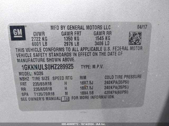GMC Acadia Slt-1 2017 1GKKNULS0HZ289925 Image 9