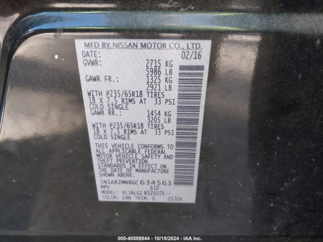 5N1AR2MN8GC634561 Nissan Pathfinder Platinum/s/sl/sv