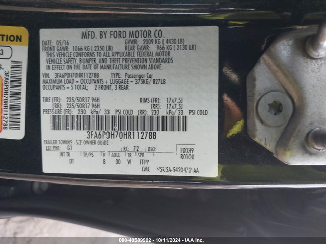 Ford FUSION SE 2017 3FA6P0H70HR112788 Image 9