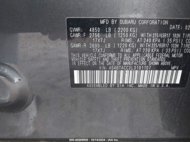 4S4BTACC2L3191107 Subaru Outback Premium