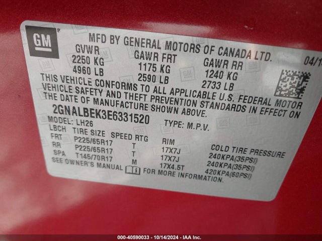 Chevrolet EQUINOX 1LT 2014 2GNALBEK3E6331520 Image 9