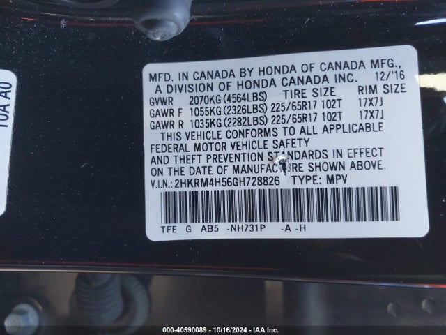 Honda CR-V EX 2016 2HKRM4H56GH728826 Image 9