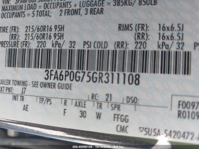 3FA6P0G75GR311108 Ford FUSION S