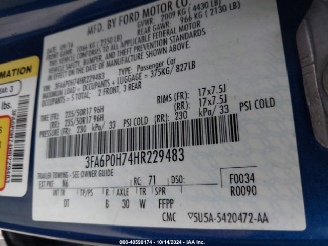 3FA6P0H74HR229483 Ford FUSION SE