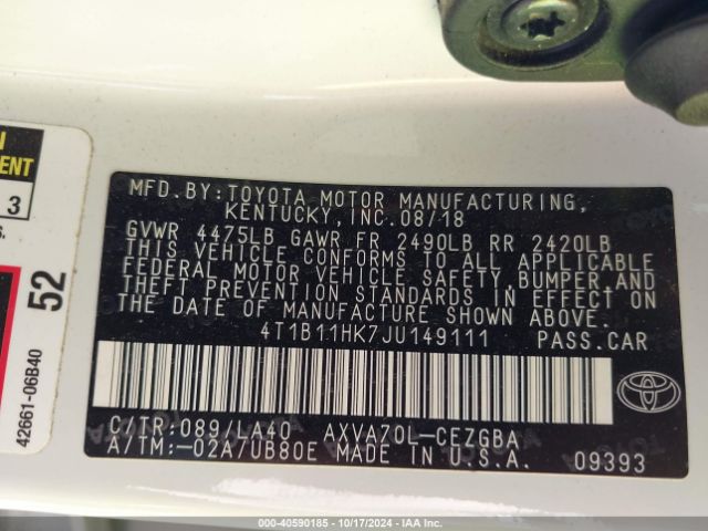 4T1B11HK7JU149111 Toyota CAMRY XLE