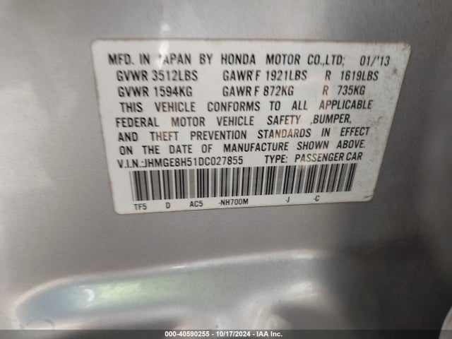 40590255 :رقم المزاد ، JHMGE8H51DC027855 vin ، 2013 Honda Fit Sport مزاد بيع