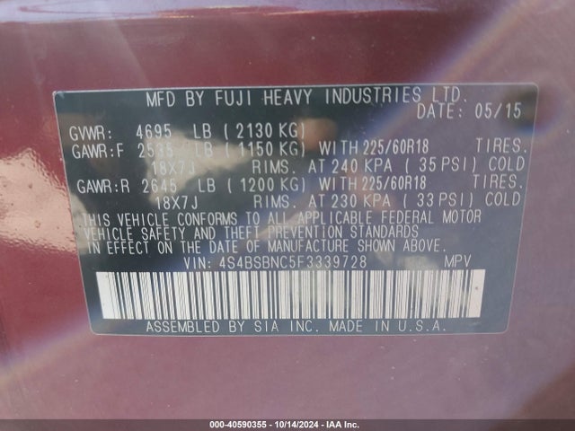 Subaru Outback 2.5i Limited 2015 4S4BSBNC5F3339728 Image 9