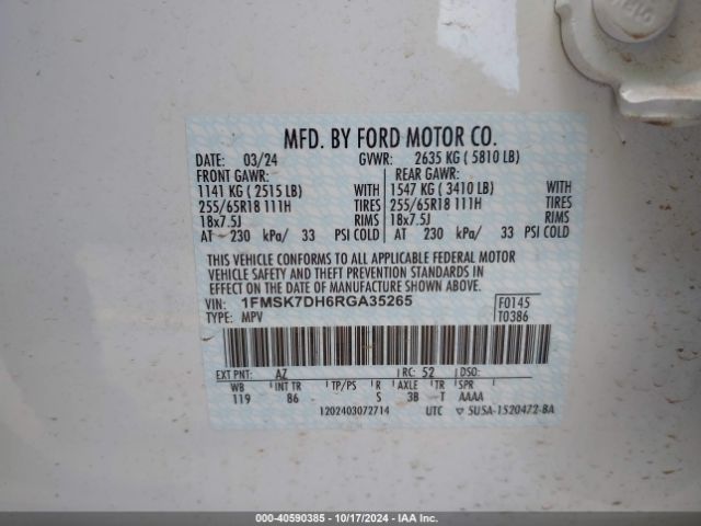 1FMSK7DH6RGA35265 Ford EXPLORER XLT