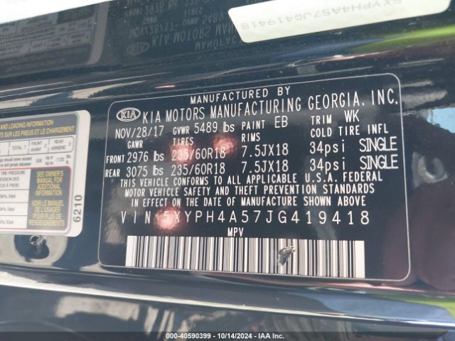 5XYPH4A57JG419418 KIA Sorento 3.3l Ex