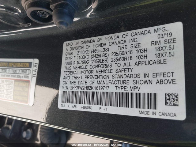 Honda Cr-v Ex-l 2019 2HKRW2H82KH619717 Image 9