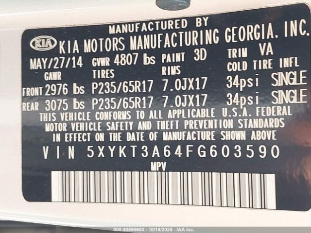 5XYKT3A64FG603590 KIA SORENTO LX