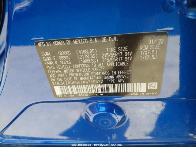 3CZRU6H57NM749522 Honda Hr-v Awd Ex