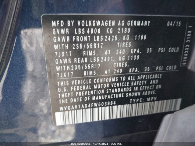 WVGAV7AX4FW603884 Volkswagen TIGUAN SE