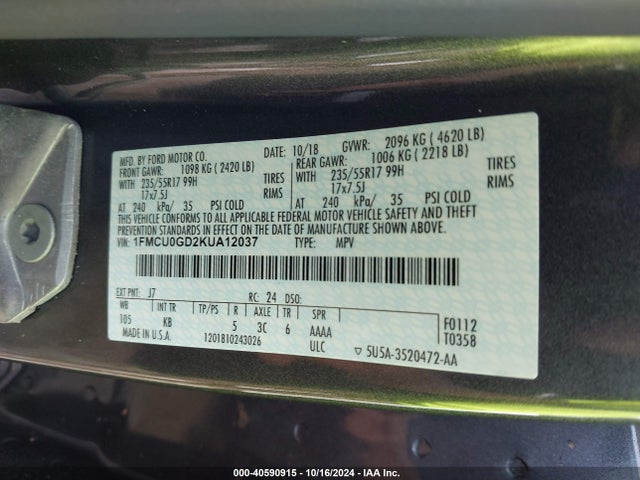 Ford ESCAPE SE 2019 1FMCU0GD2KUA12037 Image 9