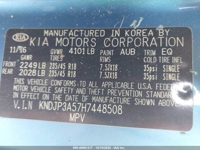 KIA SOUL + 2017 KNDJP3A57H7448508 Image 9