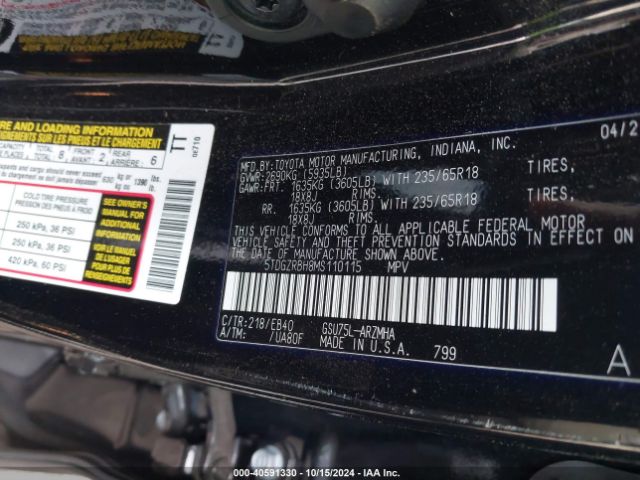 5TDGZRBH8MS110115 Toyota Highlander Xle