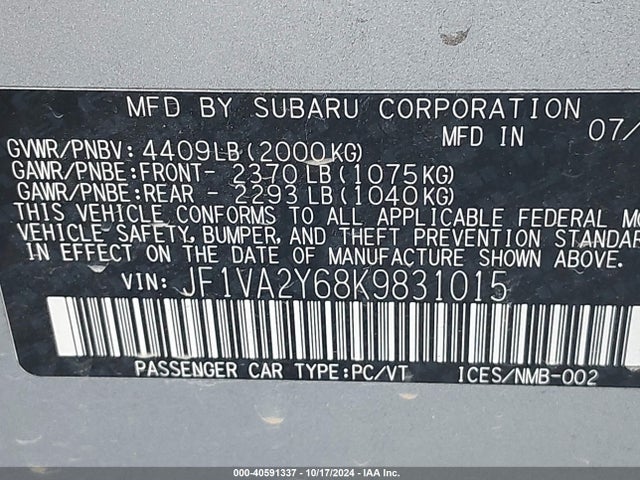 Subaru Wrx Sti Limited 2019 JF1VA2Y68K9831015 Image 9