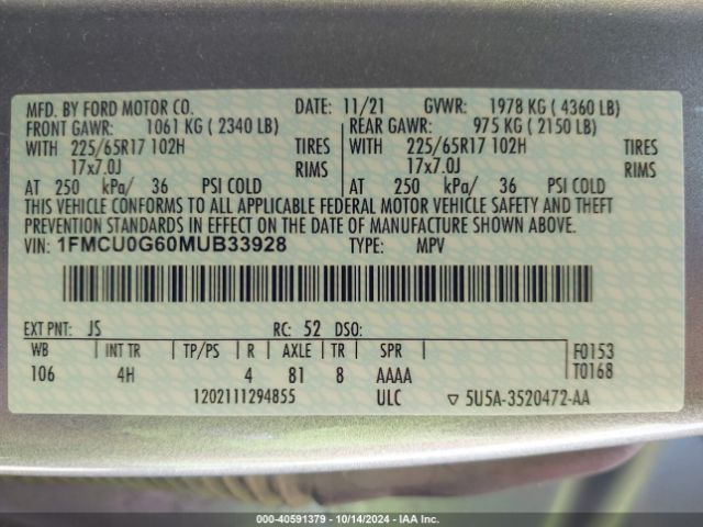 1FMCU0G60MUB33928 Ford ESCAPE SE