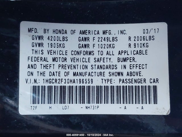 Honda ACCORD LX 2017 1HGCR2F30HA196559 Image 9