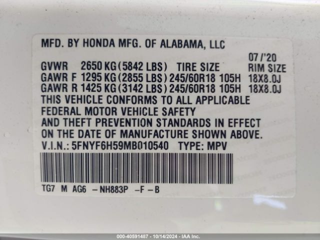5FNYF6H59MB010540 Honda Pilot Awd Ex-l